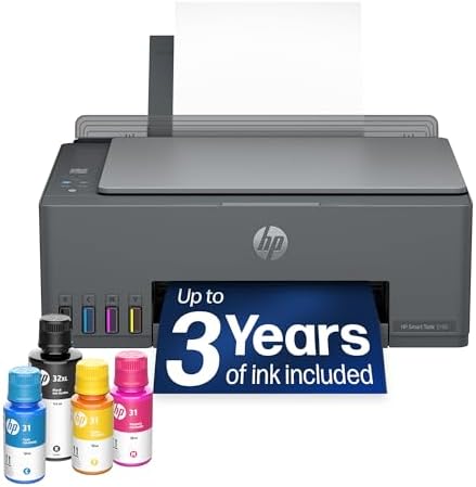 HP Smart Tank 5100 Wireless All-in-One Refillable Printer, Scanner, Copier with up to 3 Years of Ink Included, Best-for-Home, Cartridge-Free, AI-Capable (D06BLA)