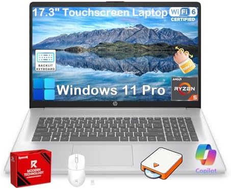 HP 17.3" Touchscreen Business Laptop, 20GB RAM, 1TB SSD, AMD Ryzen 5 7430U | Backlit Keyboard, Windows 11 Pro, Fast Charge, AI Copilot, 17.3" HD+ Anti-Glare Display, Wi-Fi 6, w/Accessories