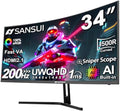 SANSUI 34-Inch Curved Gaming Monitor UWQHD 3440 x 1440P Up to 200Hz Curved 1500R - PIP/PBP, OD 1ms, HDR, 300nits, sRGB 130%, DCI-P3 97%,AI Crosshair,HDMI2.1x2,DP1.4(Cable Included)