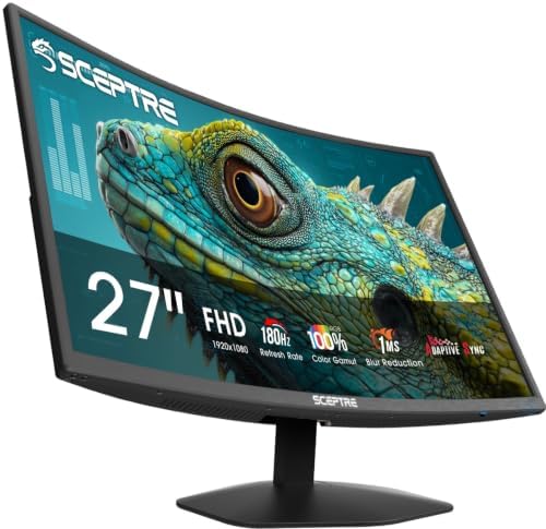 New! Sceptre Curved 27-inch Prime Gaming Monitor DisplayPort x2 180Hz HDMI x2 180Hz 1500R 1ms Build-in Speakers, Machine Black 2027 (C275B-FW180T Series)