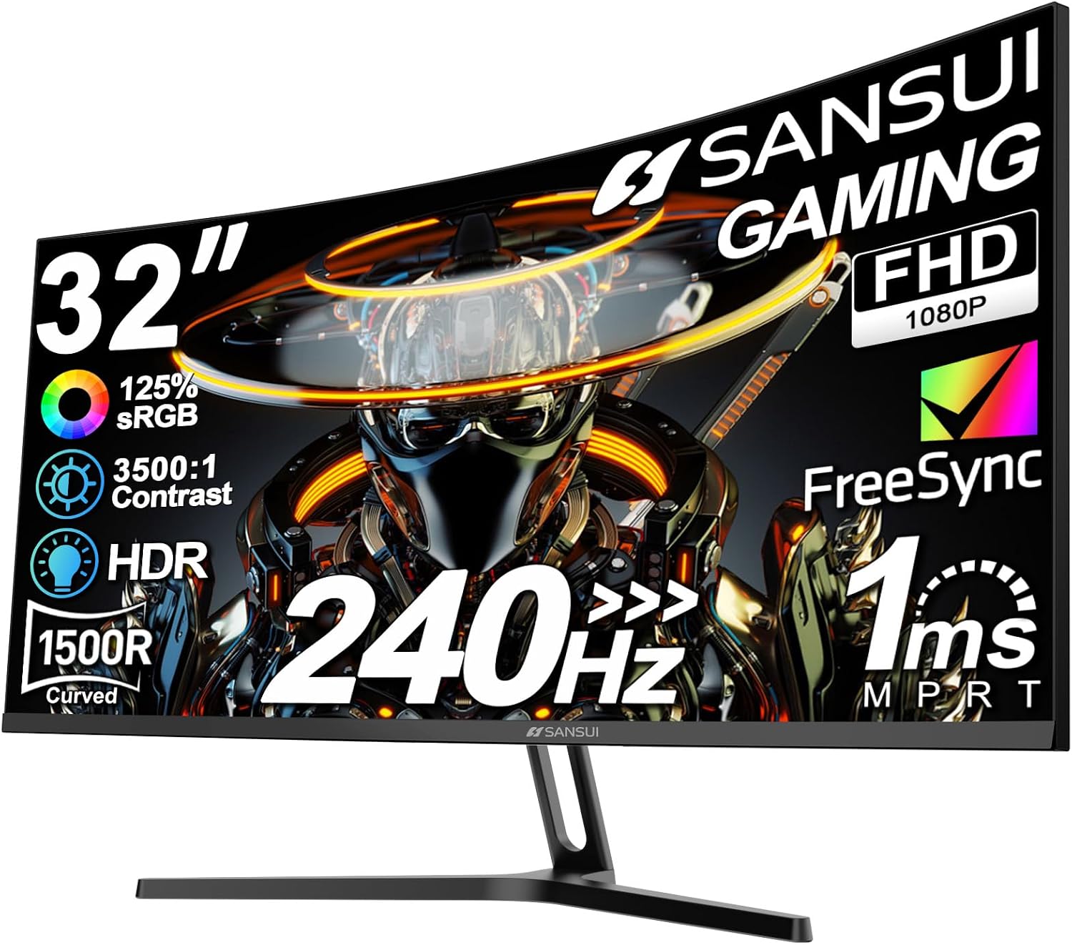 SANSUI 32 Inch Curved 240Hz Gaming Monitor High Refresh Rate, FHD 1080P | Gaming PC Monitor HDMI DP1.4, 1500R Curvature, 1Ms MPRT, HDR,Metal Stand,VESA Compatible(DP Cable Incl.)