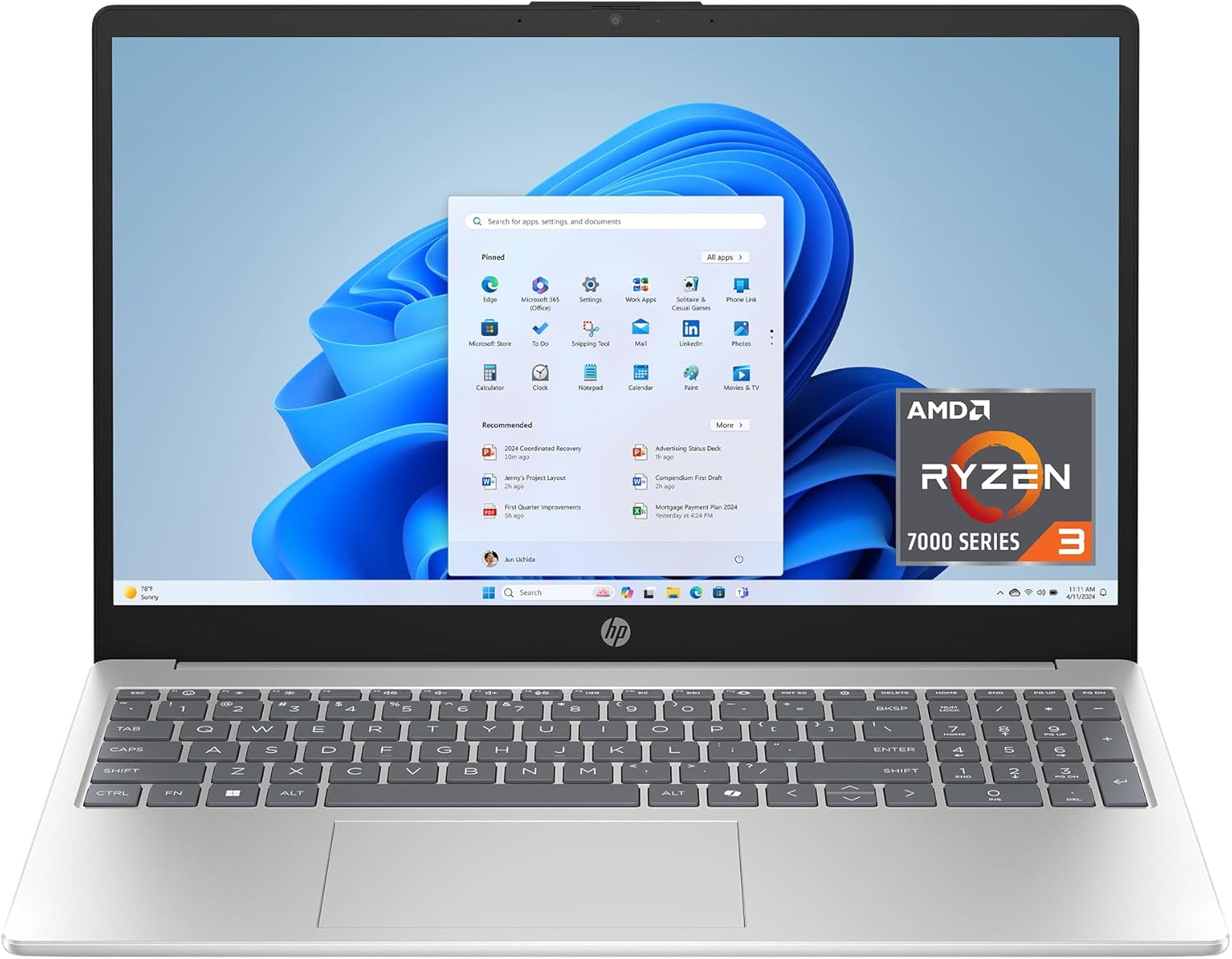 HP 15.6 inch Laptop, HD Touchscreen Display, AMD Ryzen 3 7320U, 8 GB RAM, 256 GB SSD, AMD Radeon Graphics, Windows 11 Home, Natural Silver, 15-fc0399nr